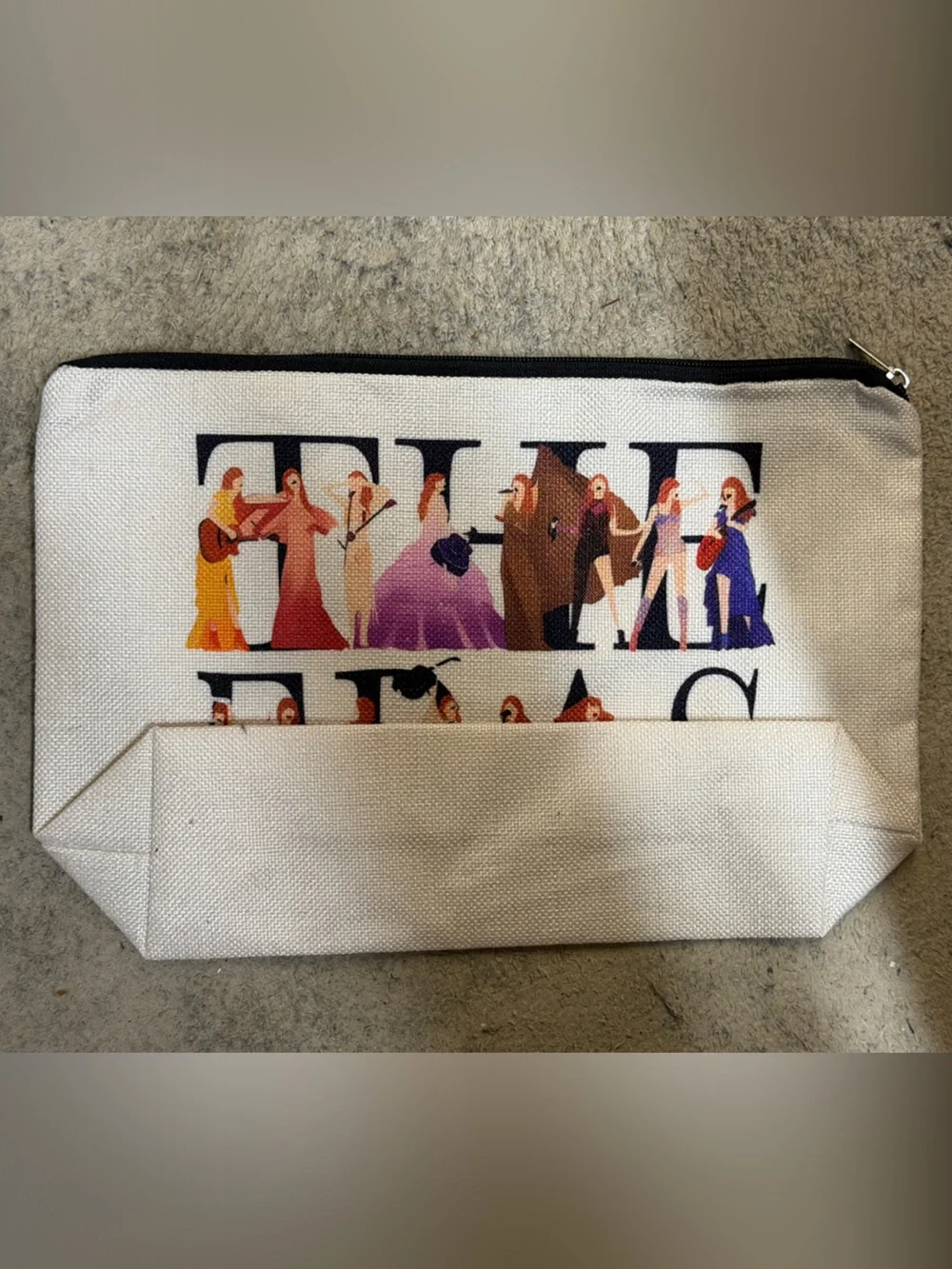 White Cosmetic Zip Pouch with Colorful Character Print